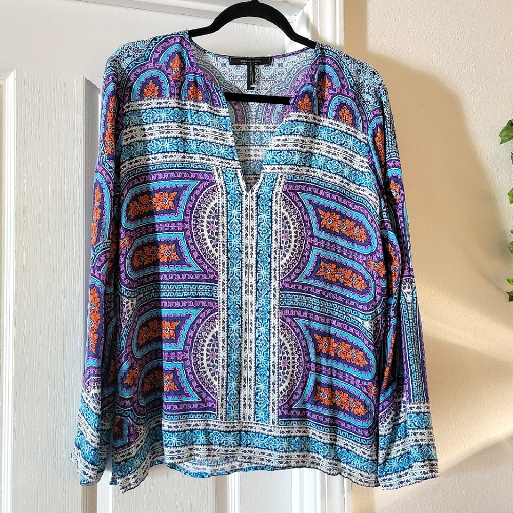 BCBGMAXAZRIA Haida Printed Top Blouse Dress Shirt Mosaic Large Blue Riviera